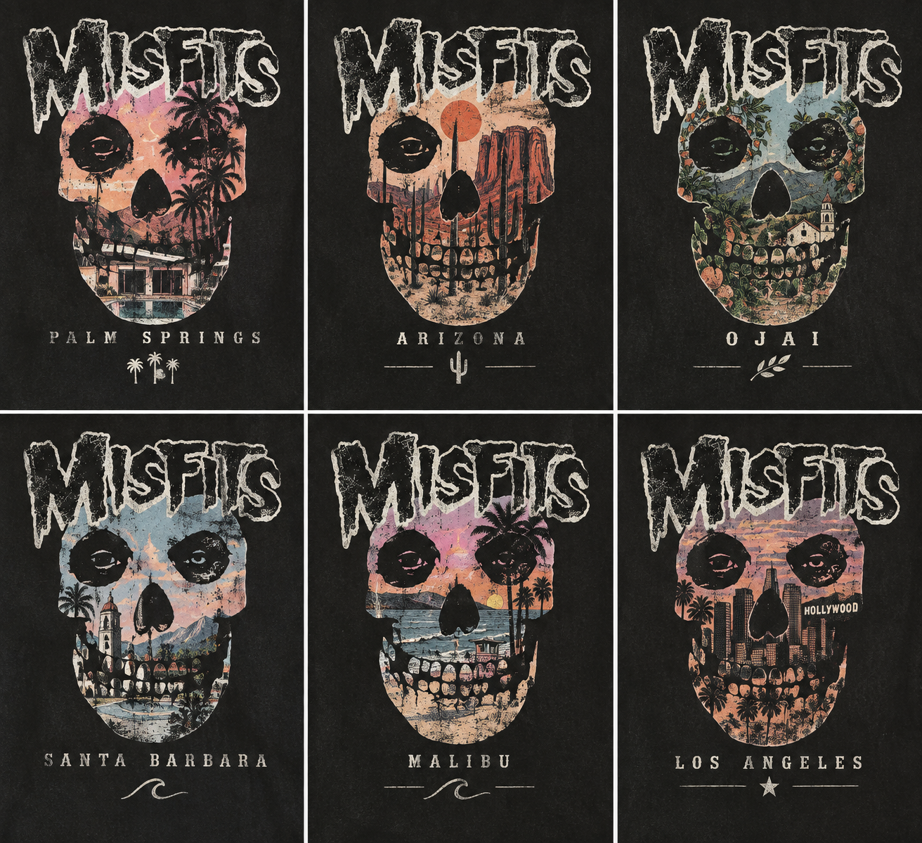 Misfits destination skull graphic CAD series featuring Palm Springs, Arizona, Ojai, Santa Barbara, Malibu, and Los Angeles