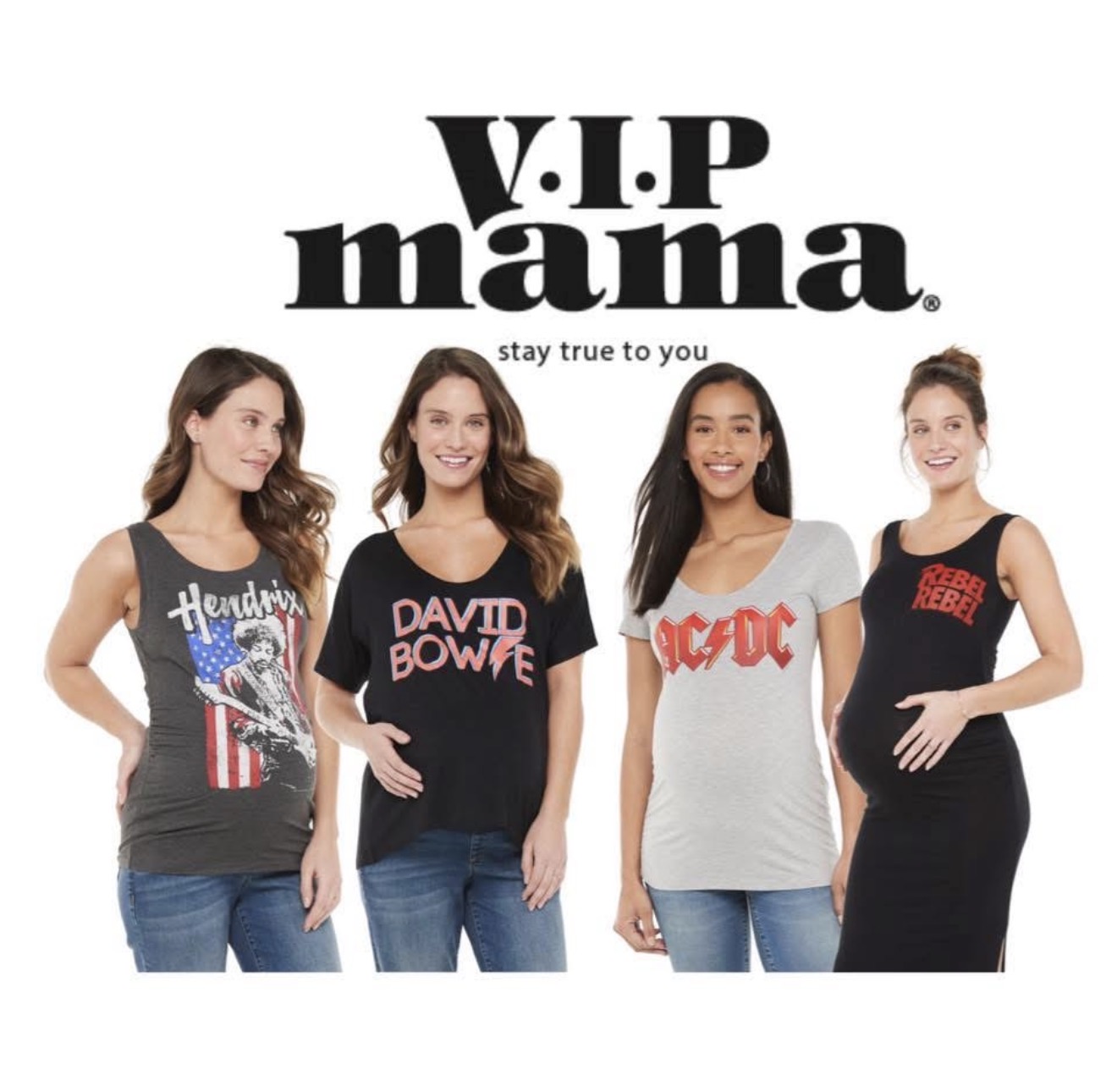 VIP Mama licensed rock maternity lineup — Hendrix, David Bowie, AC/DC, and Rebel Rebel tanks and tees beneath the official V.I.P Mama logo