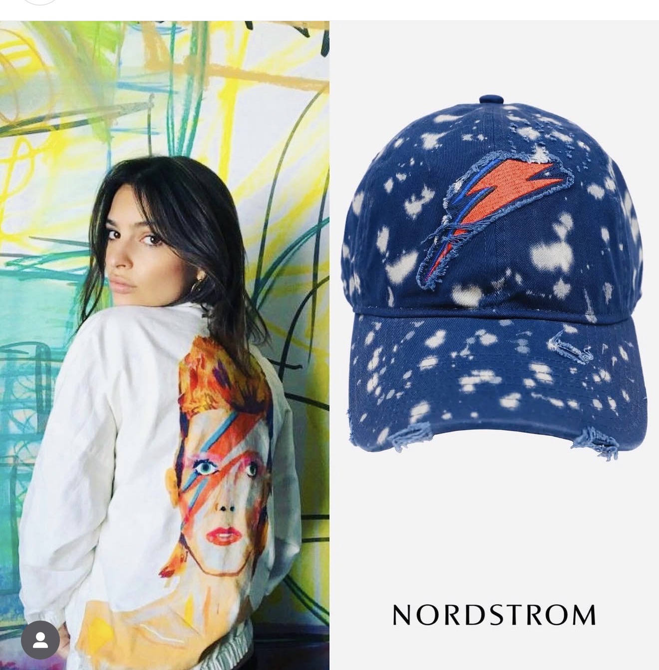 Emily Ratajkowski wearing a hand-painted David Bowie jacket, next to the distressed Bowie lightning bolt cap sold at Nordstrom