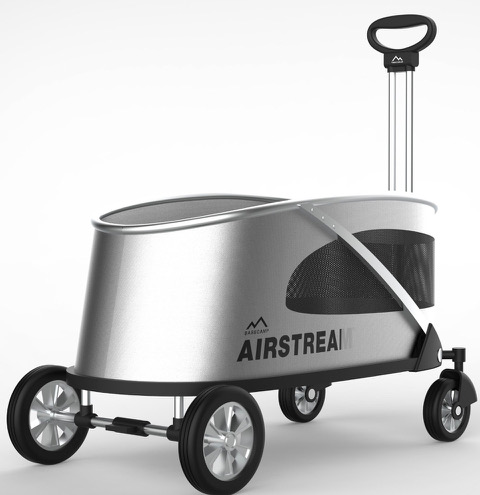 Airstream-branded silver folding wagon concept with large wheels, telescoping handle, and mesh storage