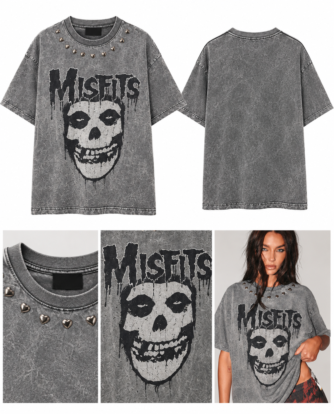 Washed Misfits graphic top with heart studs, artwork, and construction details