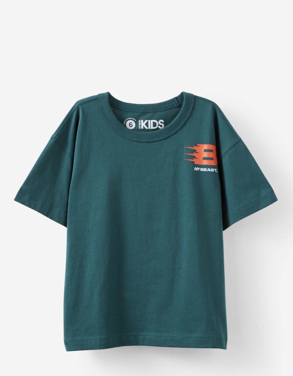 Green MrBeast kids drop-shoulder tee with the orange flame B chest logo