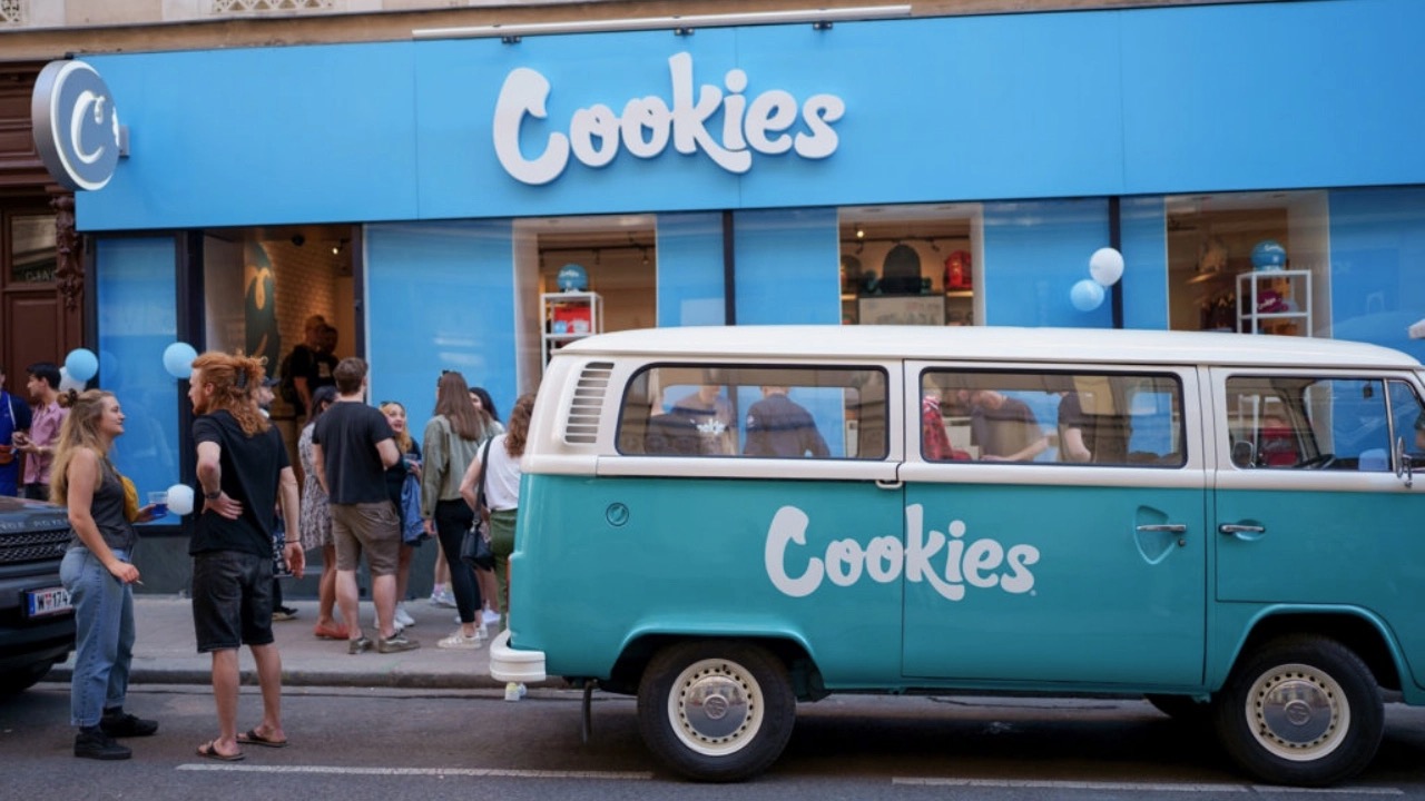 Cookies storefront activation with a branded vintage van parked outside the retail location