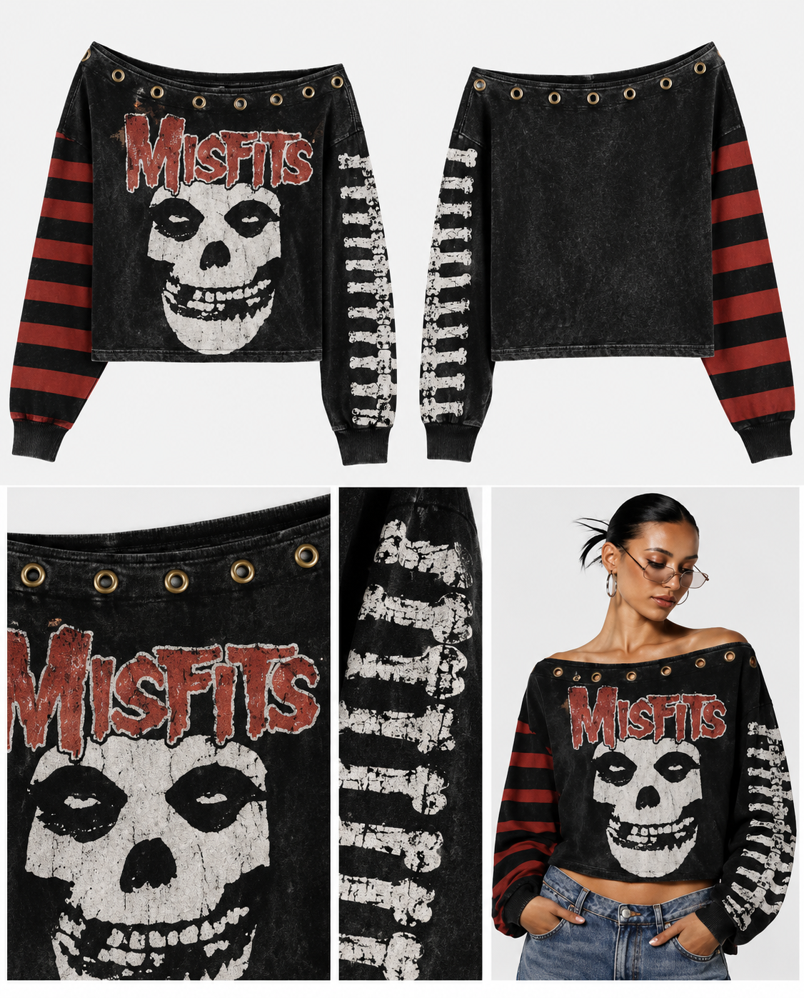 Misfits striped cropped top with custom graphics, grommets, and sleeve details