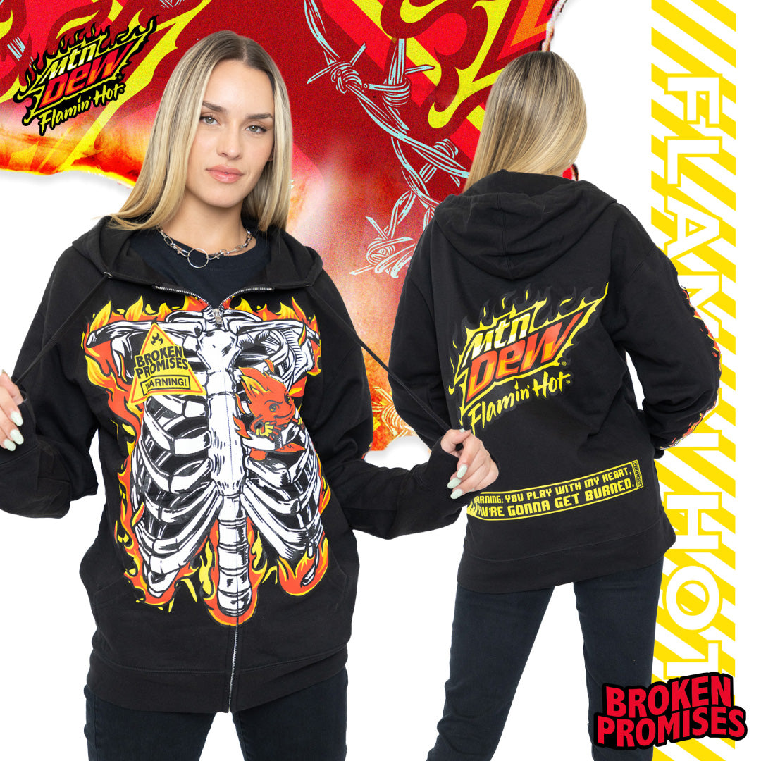 Model showing the front and back graphics of a Broken Promises and MTN DEW Flamin' Hot hoodie