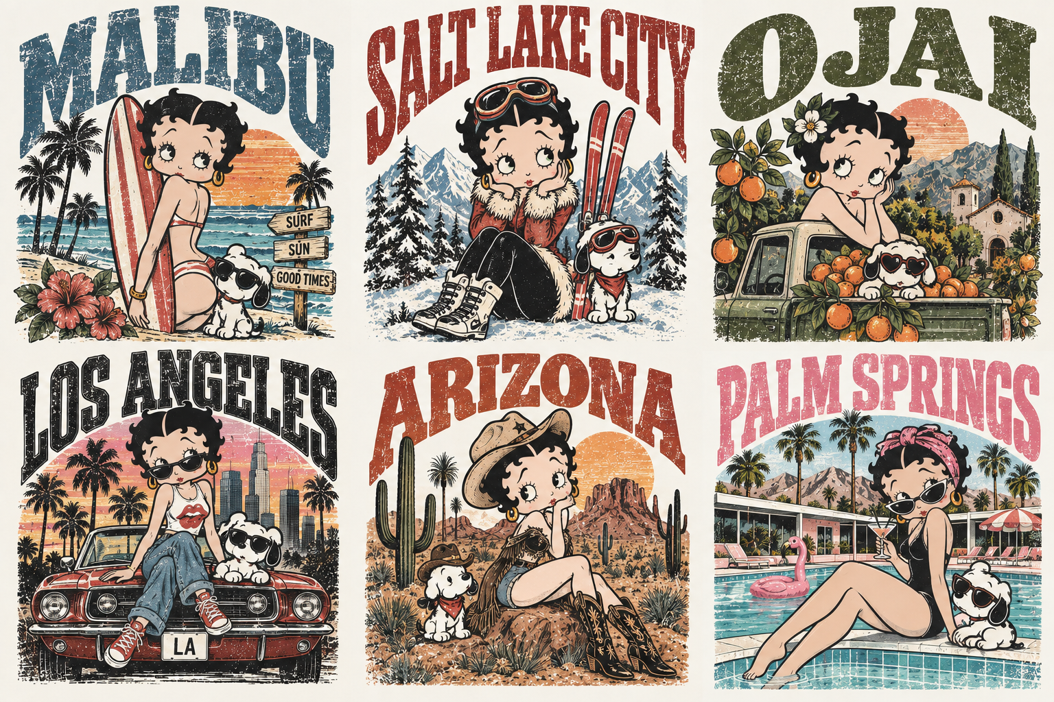 Local Frequency destination graphic concepts for Malibu, Salt Lake City, Ojai, Los Angeles, Arizona, and Palm Springs