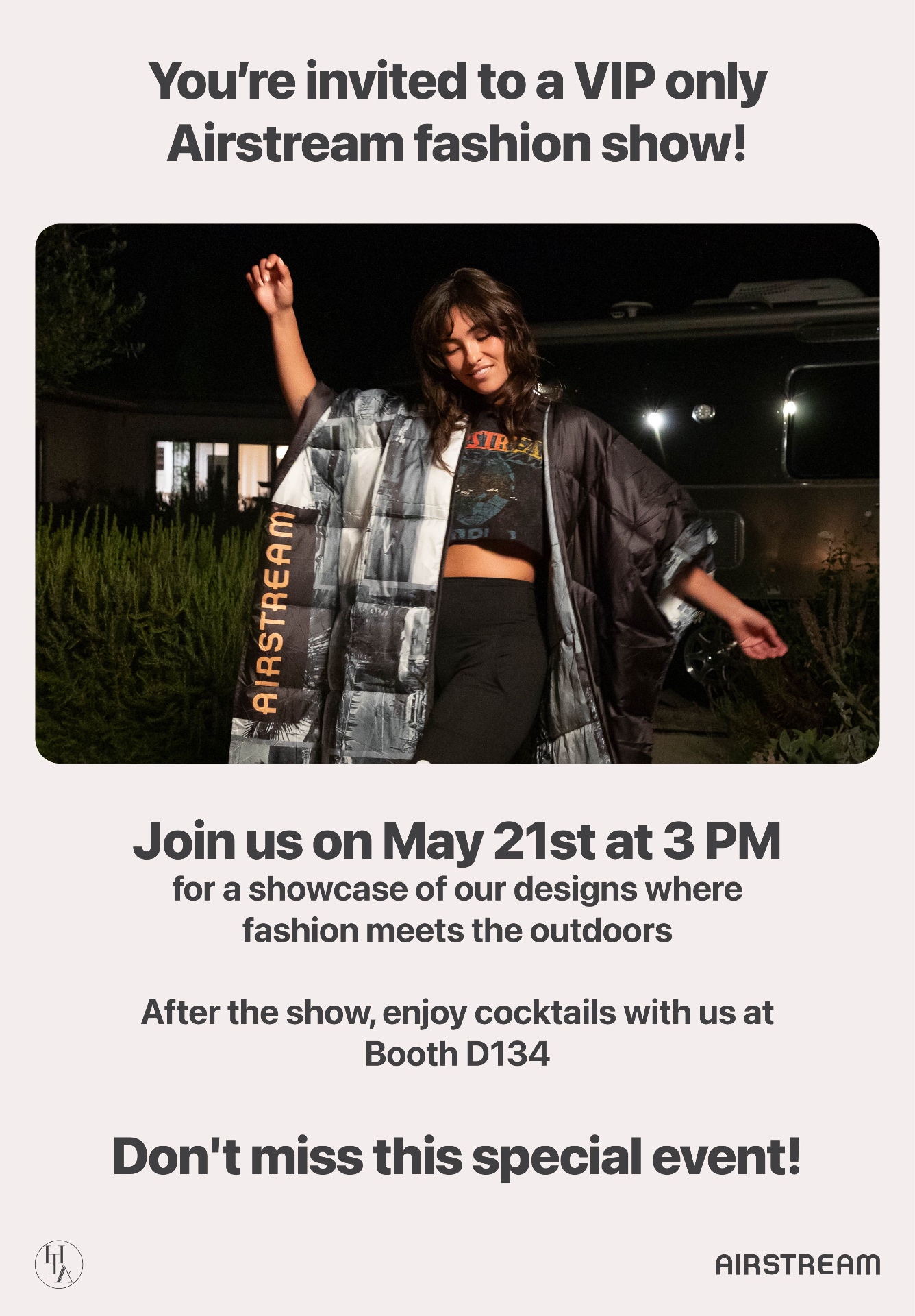 VIP-only Airstream fashion show invitation with Highlight LA branding, May 21 at 3 PM, cocktails at Booth D134
