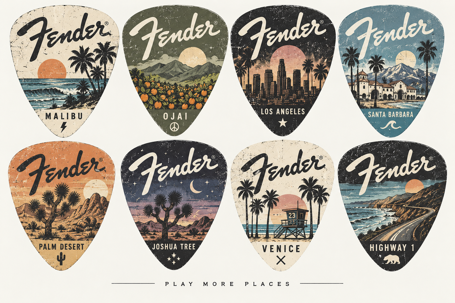 Fender Play More Places destination guitar pick CAD series featuring Malibu, Ojai, Los Angeles, Santa Barbara, Palm Desert, Joshua Tree, Venice, and Highway 1