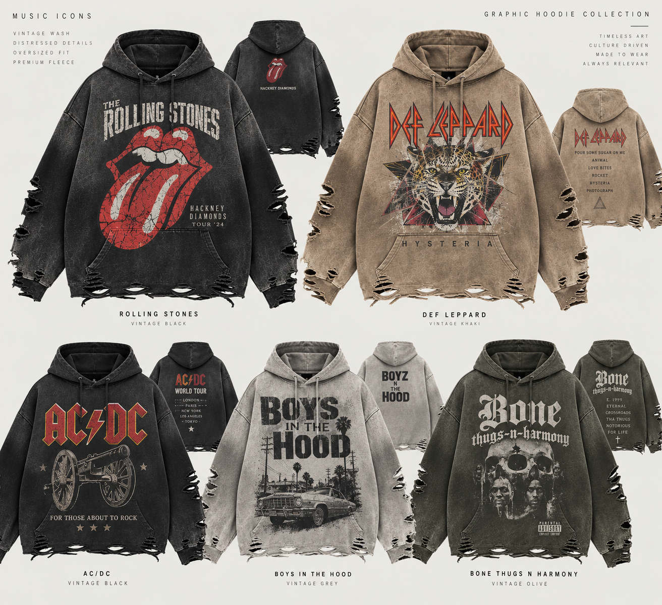 Graphic hoodie collection line sheet featuring vintage-washed distressed Rolling Stones, Def Leppard, AC/DC, Boys in the Hood, and Bone Thugs N Harmony hoodies with front and back views