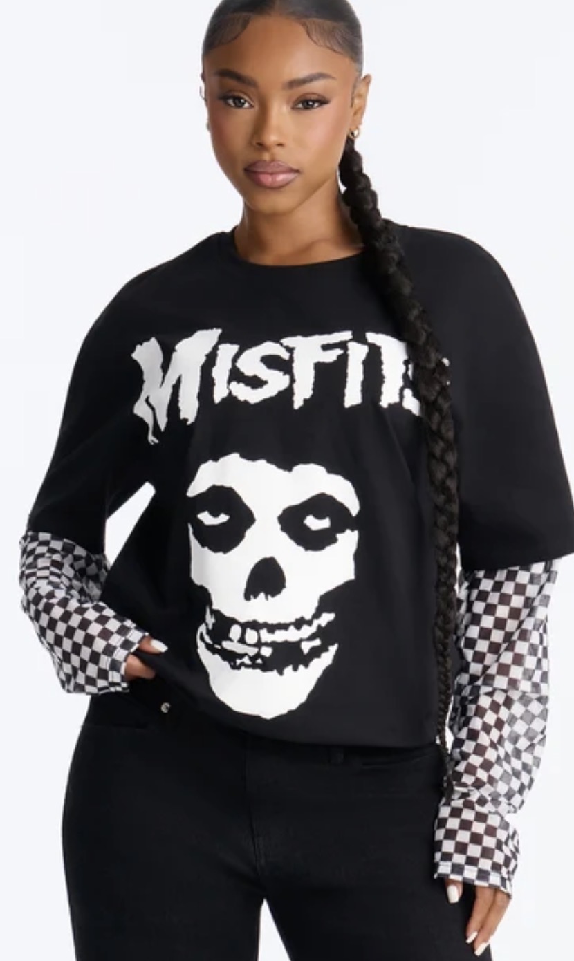 Cropped Misfits tee layered with checkerboard mesh sleeves