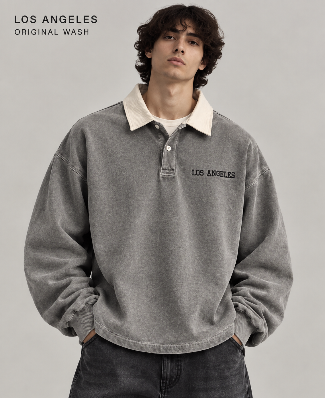 Model wearing an oversized acid-washed Los Angeles polo with contrast collar