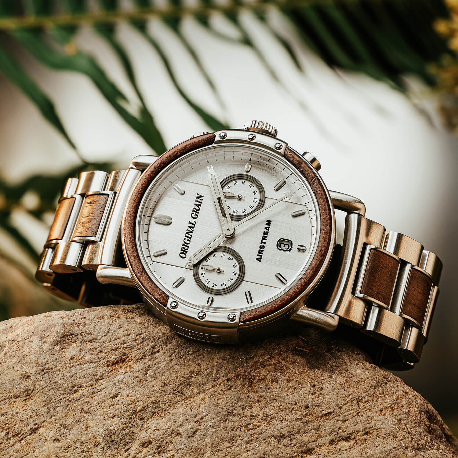 Original Grain and Airstream silver chronograph with wood inlays and riveted detailing