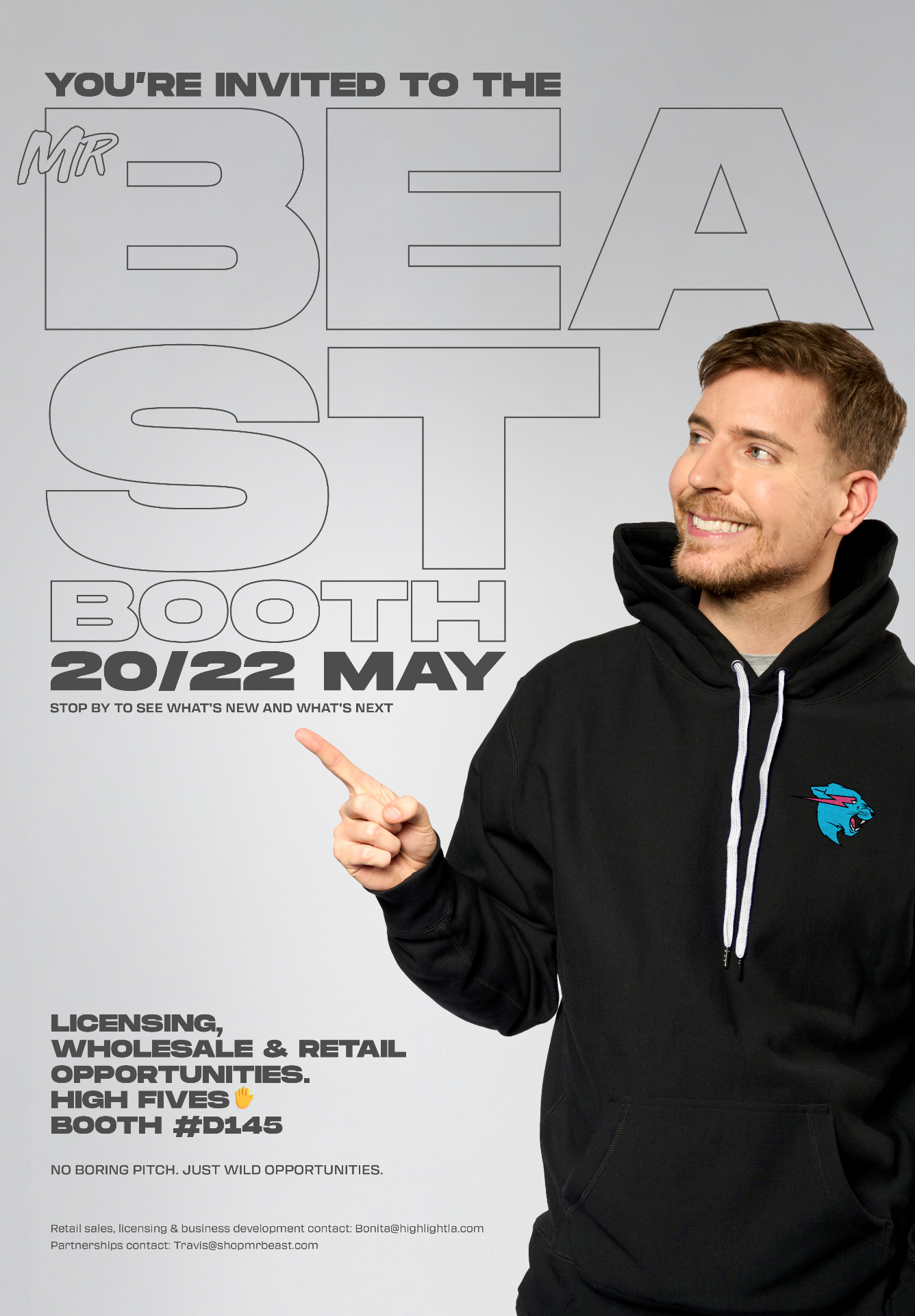 MrBeast Licensing Expo booth invitation flyer for 20 to 22 May at booth D145