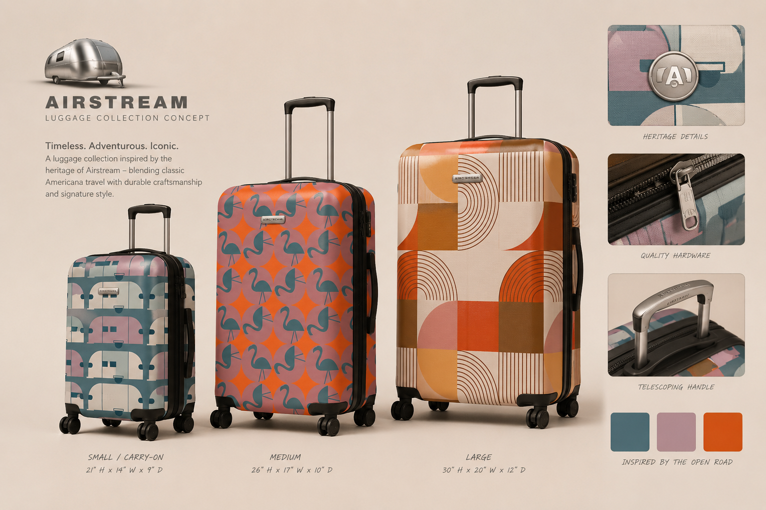 Airstream luggage collection concept with three hard-sided suitcases in retro prints beside heritage detail close-ups