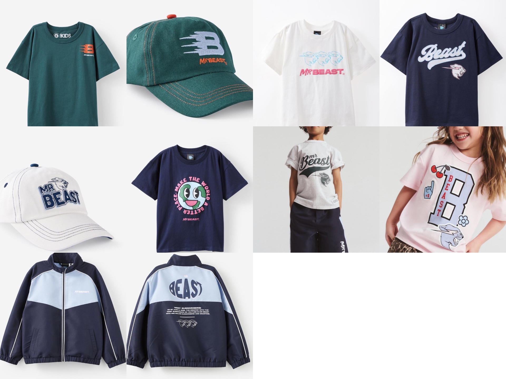MrBeast kids apparel collection line-up with graphic tees, embroidered caps, and a colour-blocked track jacket