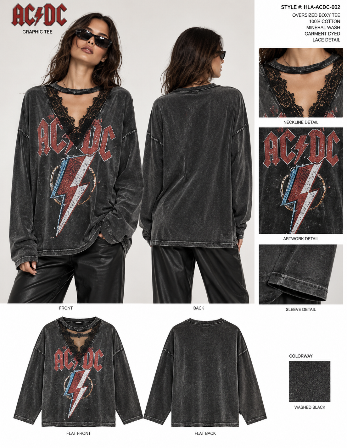 AC/DC oversized boxy tee style board with mineral wash, lace neckline detail, and artwork close-ups